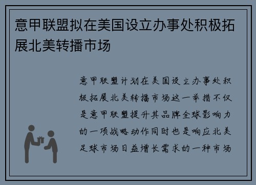 意甲联盟拟在美国设立办事处积极拓展北美转播市场